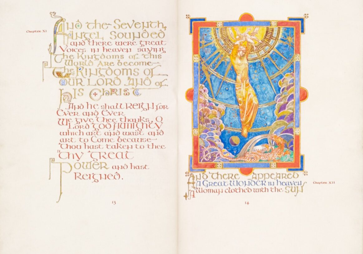 Violet Oakley, Manuscript for Open. The Great Wonder: A Vision of the Apocalypse. 
Vassar Special Collections, Folio ND3039.O3 A4 1924.

This large, exquisitely illuminated manuscript, entitled The Great Wonder: A Vision of the Apocalypse, originally stood on a lectern not far from Violet Oakley’s painted triptych of the
same name in the Alumnae House living room. Written and decorated by Oakley, the book features a delicately embossed, red-leather binding with brass ornaments. The texts Oakley
selected, from the Book of Revelation, are written in an early medieval script, complemented by vibrant paintings set in quatrefoil frames. The manuscript is open to Revelations 11 and 12, with an illumination of the “woman clothed with the sun” on the right. Oakley depicted her levitating above the earth in a powerful and victorious pose. As a vital part of the visual environment Oakley created for Alumnae House, this manuscript, with its extraordinary artistry and finely painted details, radiates modernity through a historic medium.